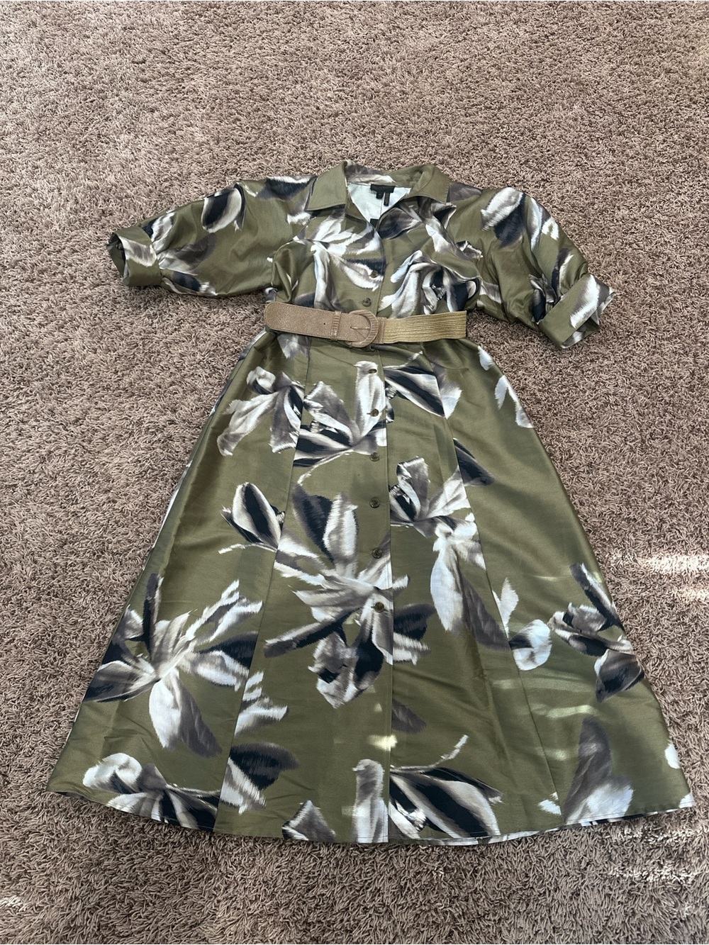 NWT Women’s Donna Karan Olive Green Floral Midi Shirt Dress